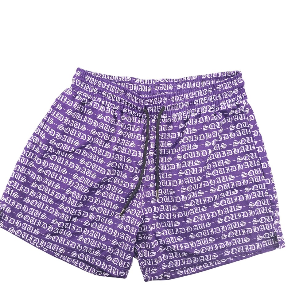 Squidhaus Purple All Over Logo Mesh Gym Shorts Mens Large 5 Inch Inseam